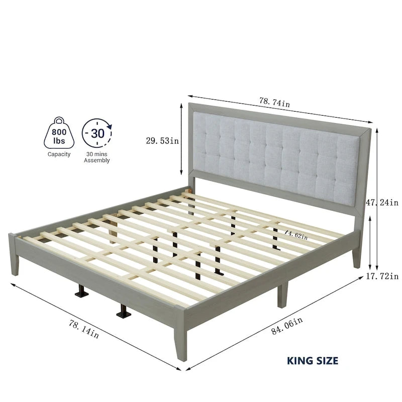 Estructura de cama king gris con cabecero tapizado, madera maciza, se adapta a 2
