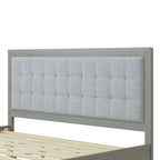 Estructura de cama king gris con cabecero tapizado, madera maciza, se adapta a 2