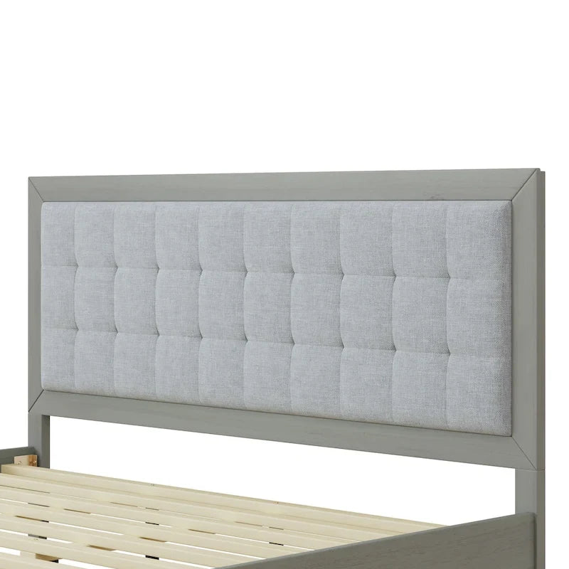 Estructura de cama king gris con cabecero tapizado, madera maciza, se adapta a 2