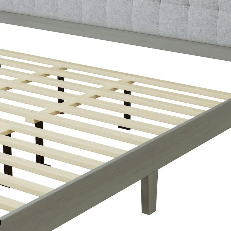 Estructura de cama king gris con cabecero tapizado, madera maciza, se adapta a 2