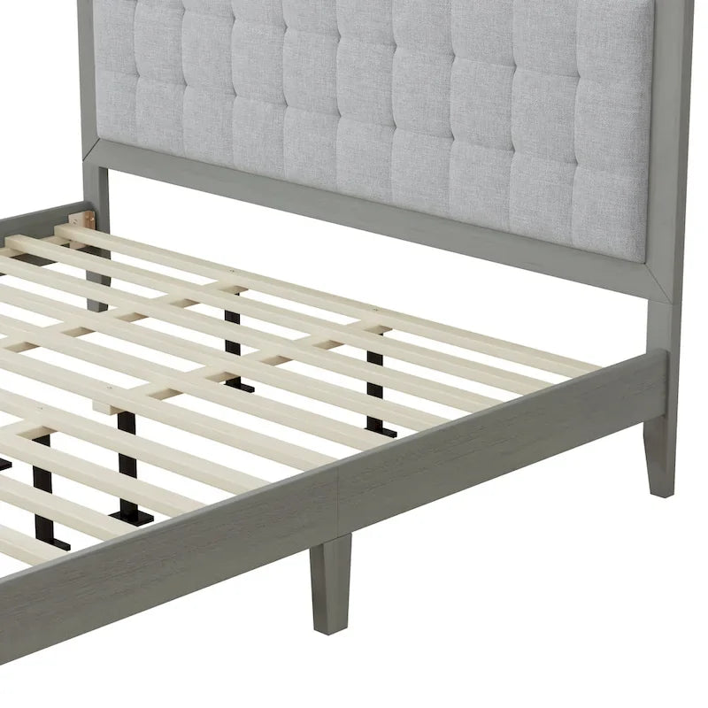Estructura de cama king gris con cabecero tapizado, madera maciza, se adapta a 2