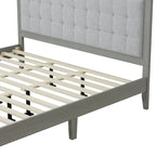 Estructura de cama king gris con cabecero tapizado, madera maciza, se adapta a 2