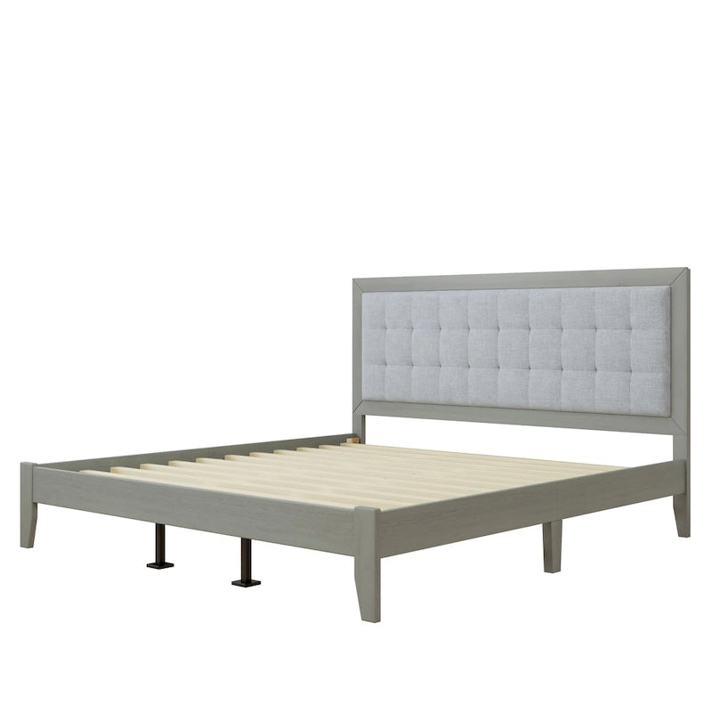 Estructura de cama king gris con cabecero tapizado, madera maciza, se adapta a 2