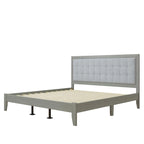 Estructura de cama king gris con cabecero tapizado, madera maciza, se adapta a 2