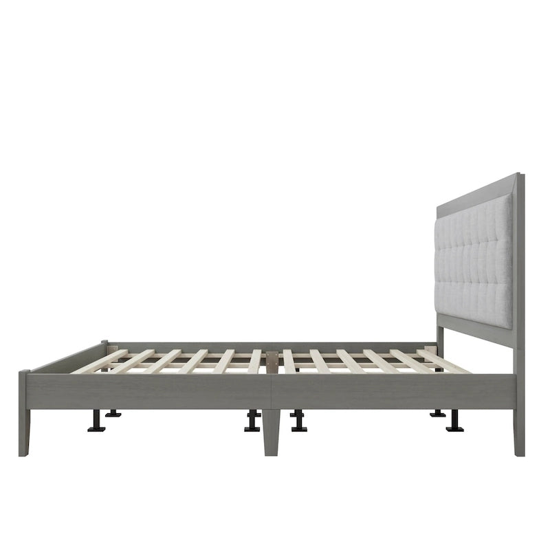 Estructura de cama king gris con cabecero tapizado, madera maciza, se adapta a 2