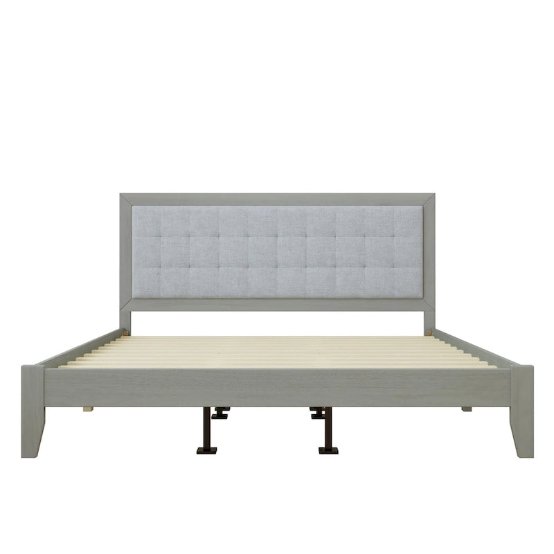 Estructura de cama king gris con cabecero tapizado, madera maciza, se adapta a 2
