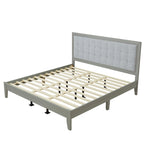 Estructura de cama king gris con cabecero tapizado, madera maciza, se adapta a 2