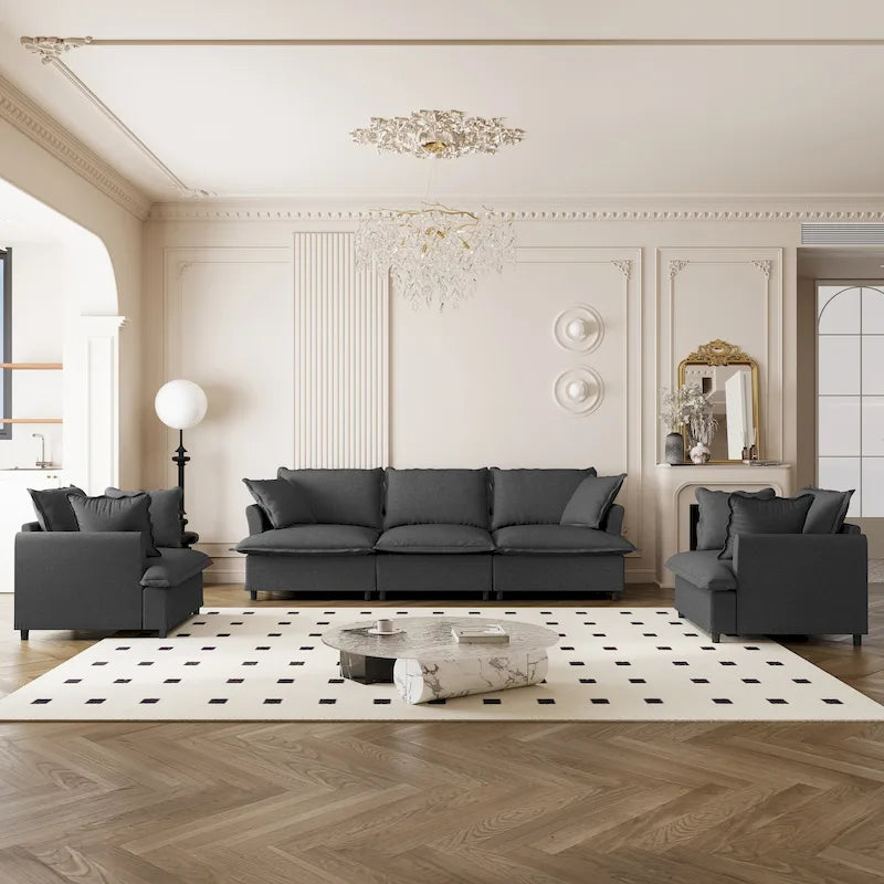 Juego de sofá seccional modular de chenilla beige/gris – 3 plazas + 2 sillones, capacidad para 5 personas