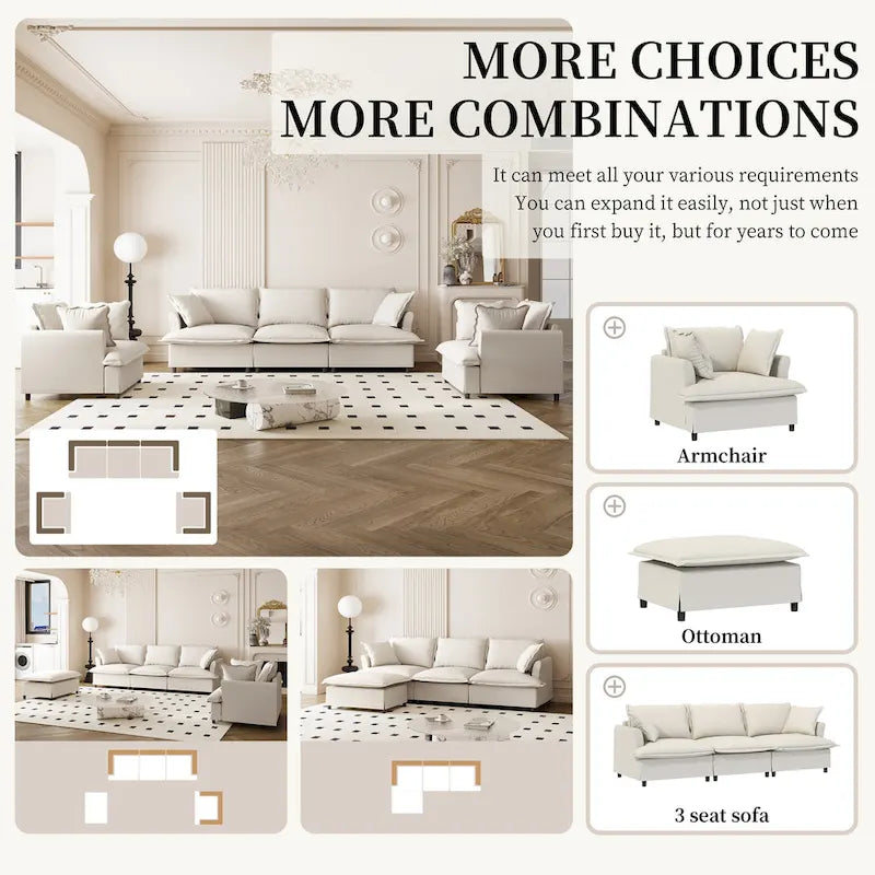 Juego de sofá seccional modular de chenilla beige/gris – 3 plazas + 2 sillones, capacidad para 5 personas