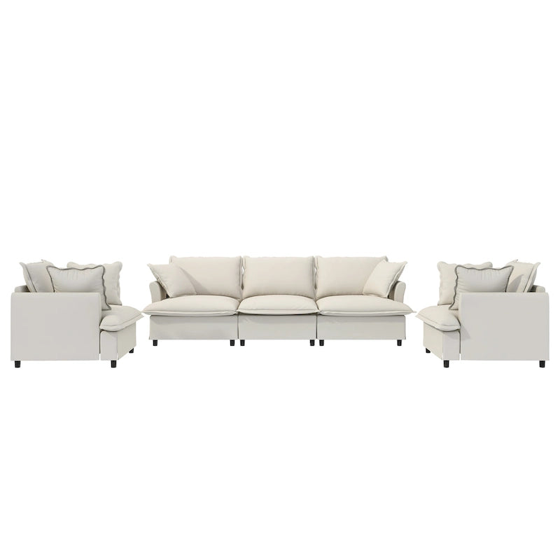 Juego de sofá seccional modular de chenilla beige/gris – 3 plazas + 2 sillones, capacidad para 5 personas