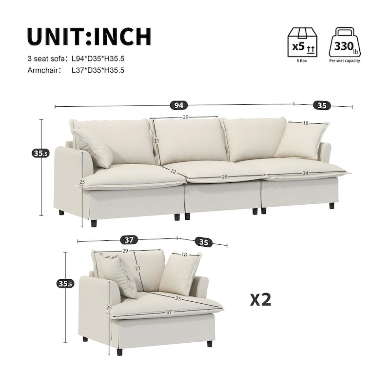 Juego de sofá seccional modular de chenilla beige/gris – 3 plazas + 2 sillones, capacidad para 5 personas