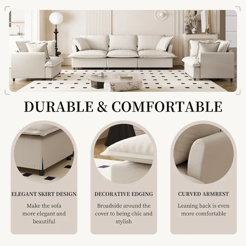 Juego de sofá seccional modular de chenilla beige/gris – 3 plazas + 2 sillones, capacidad para 5 personas