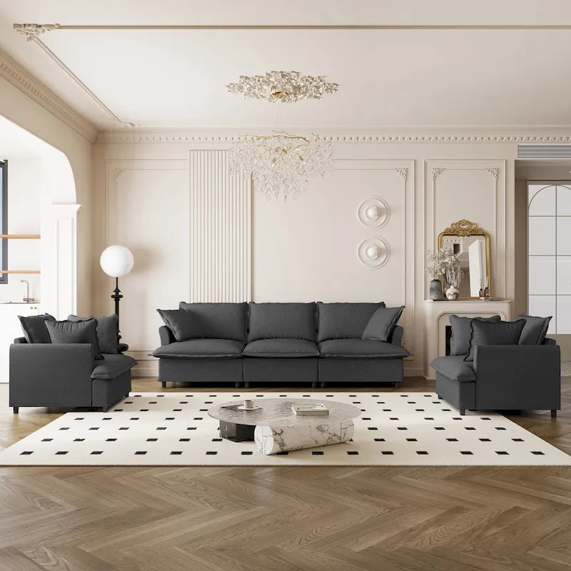 Juego de sofá seccional modular de chenilla beige/gris – 3 plazas + 2 sillones, capacidad para 5 personas