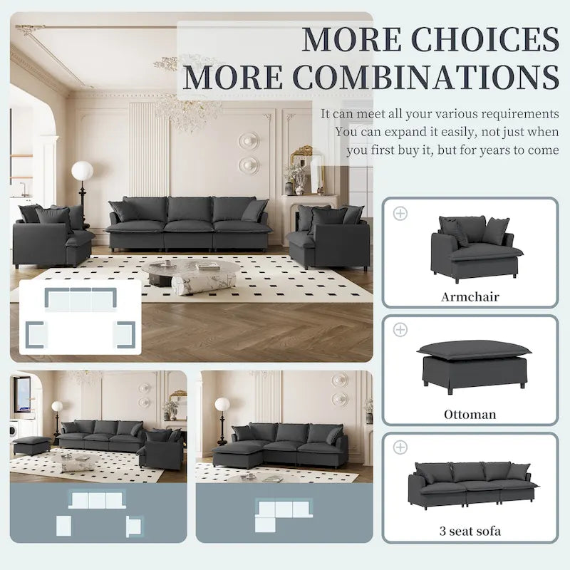 Juego de sofá seccional modular de chenilla beige/gris – 3 plazas + 2 sillones, capacidad para 5 personas