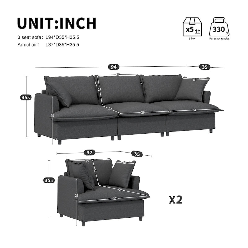 Juego de sofá seccional modular de chenilla beige/gris – 3 plazas + 2 sillones, capacidad para 5 personas