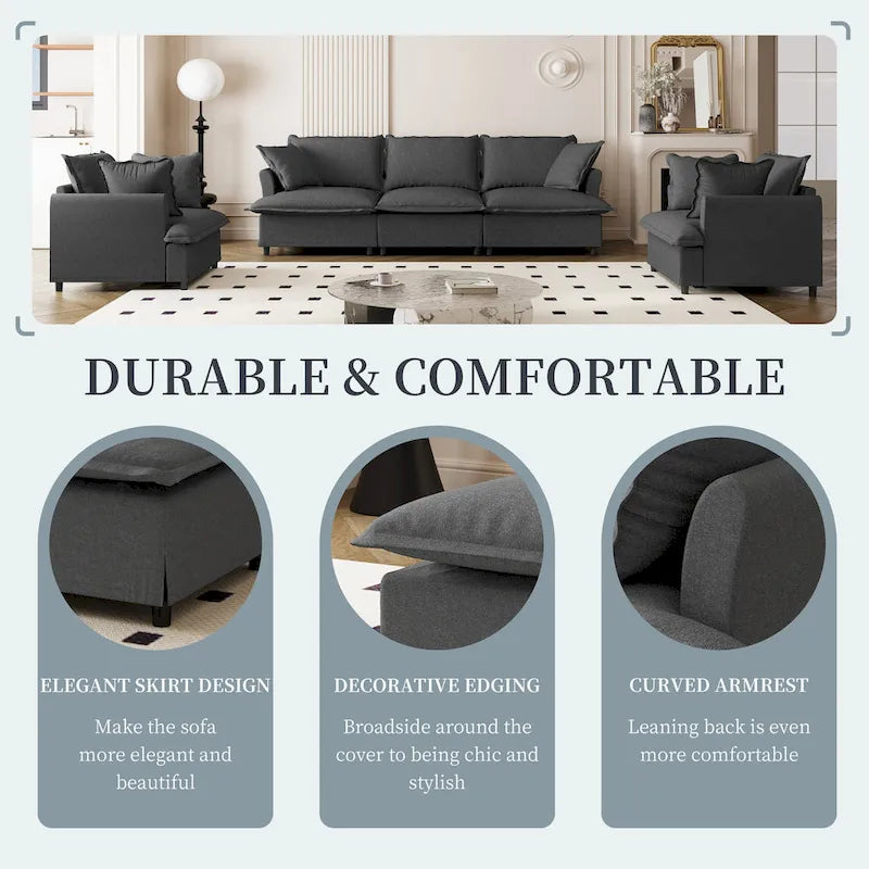 Juego de sofá seccional modular de chenilla beige/gris – 3 plazas + 2 sillones, capacidad para 5 personas
