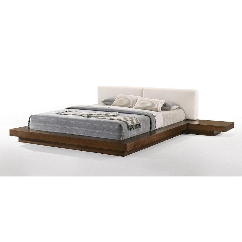 Cama tipo plataforma de perfil bajo de nogal y blanca, tamaño King