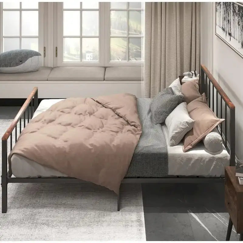 Estructura de cama de plataforma de metal negro con cabecero y piecero, Queen, capacidad para 2–3 personas