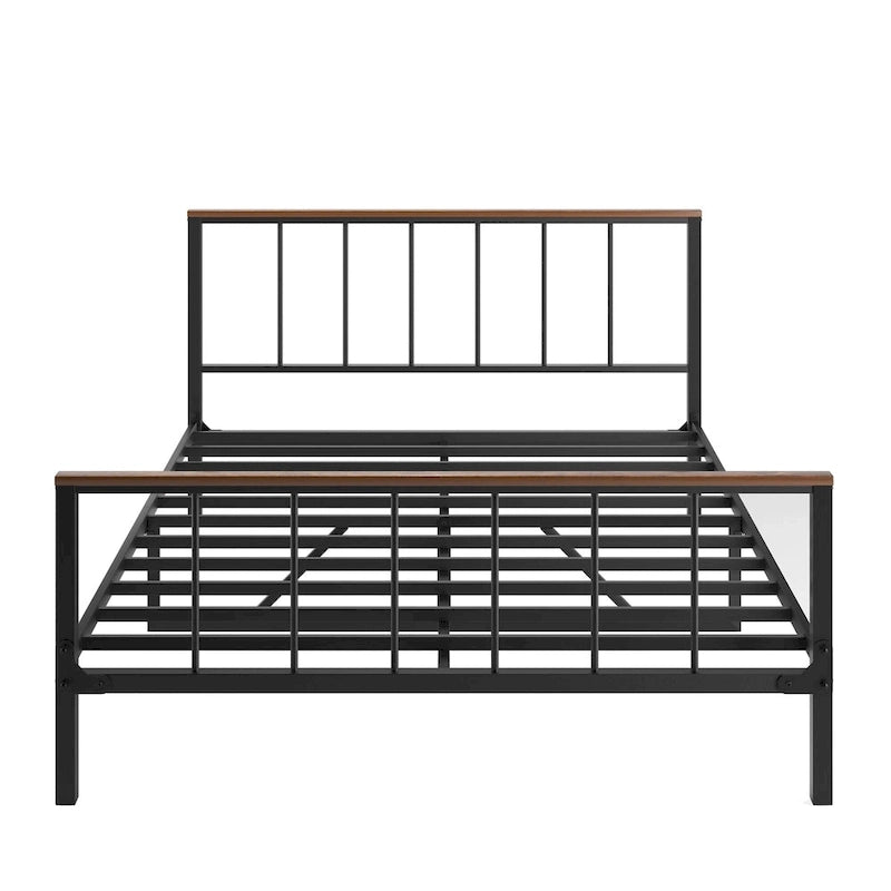Estructura de cama de plataforma de metal negro con cabecero y piecero, Queen, capacidad para 2–3 personas