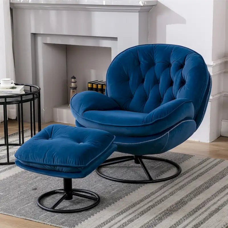 Sillón tapizado giratorio de terciopelo azul con otomana, asiento individual, patas de metal negro