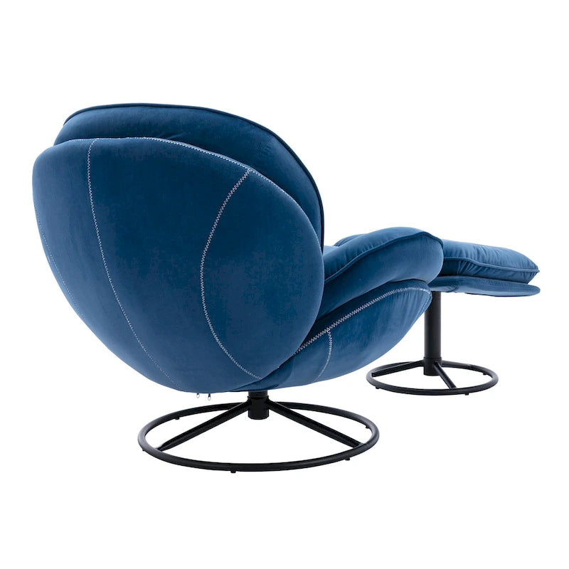 Sillón tapizado giratorio de terciopelo azul con otomana, asiento individual, patas de metal negro
