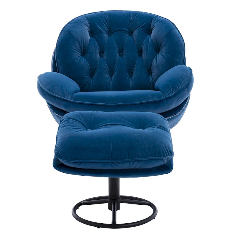 Sillón tapizado giratorio de terciopelo azul con otomana, asiento individual, patas de metal negro