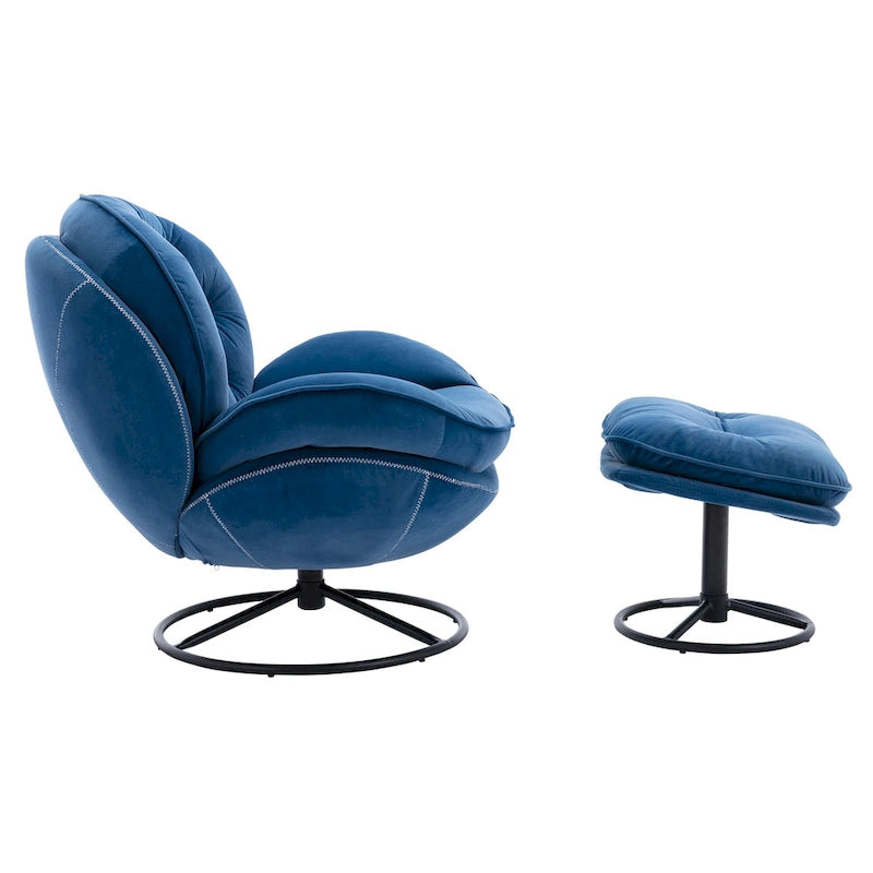 Sillón tapizado giratorio de terciopelo azul con otomana, asiento individual, patas de metal negro