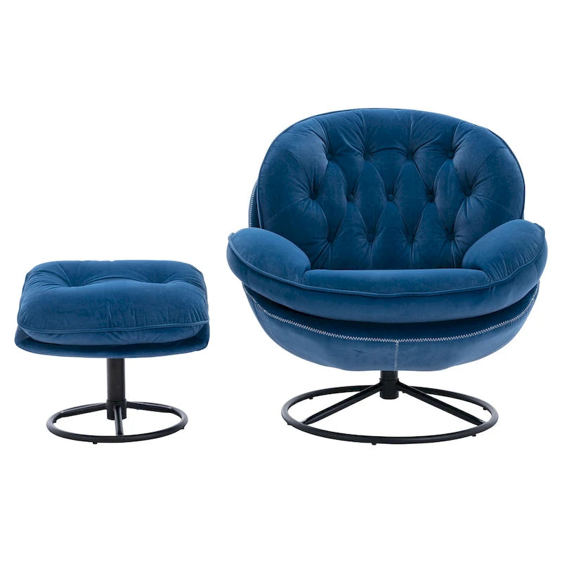 Sillón tapizado giratorio de terciopelo azul con otomana, asiento individual, patas de metal negro