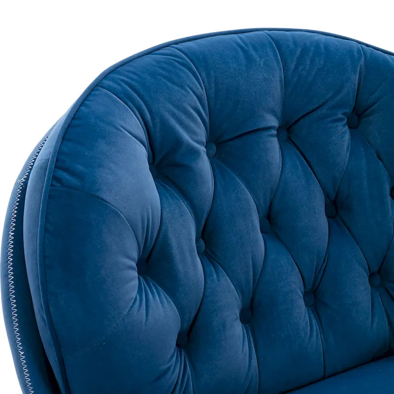 Sillón tapizado giratorio de terciopelo azul con otomana, asiento individual, patas de metal negro