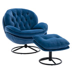 Sillón tapizado giratorio de terciopelo azul con otomana, asiento individual, patas de metal negro