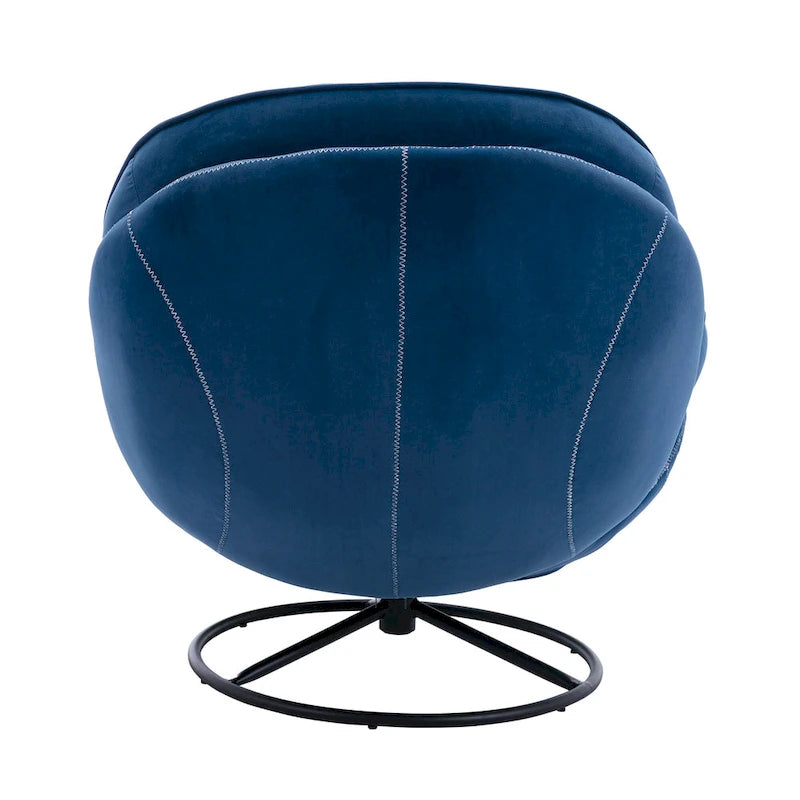 Sillón tapizado giratorio de terciopelo azul con otomana, asiento individual, patas de metal negro