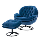 Sillón tapizado giratorio de terciopelo azul con otomana, asiento individual, patas de metal negro