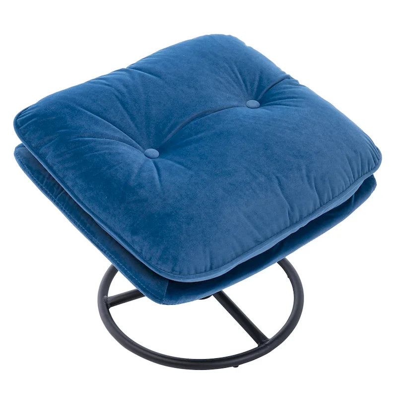 Sillón tapizado giratorio de terciopelo azul con otomana, asiento individual, patas de metal negro