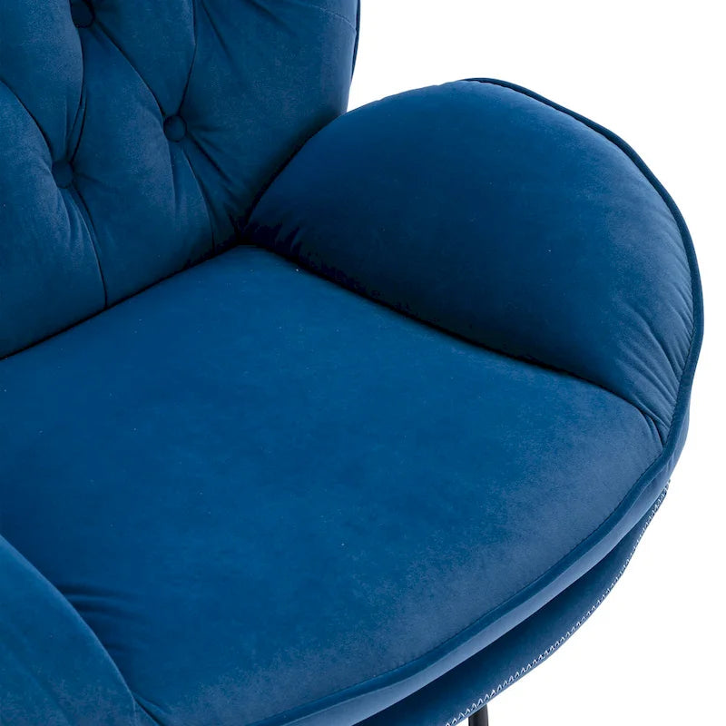 Sillón tapizado giratorio de terciopelo azul con otomana, asiento individual, patas de metal negro