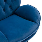 Sillón tapizado giratorio de terciopelo azul con otomana, asiento individual, patas de metal negro