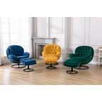 Sillón tapizado giratorio de terciopelo azul con otomana, asiento individual, patas de metal negro