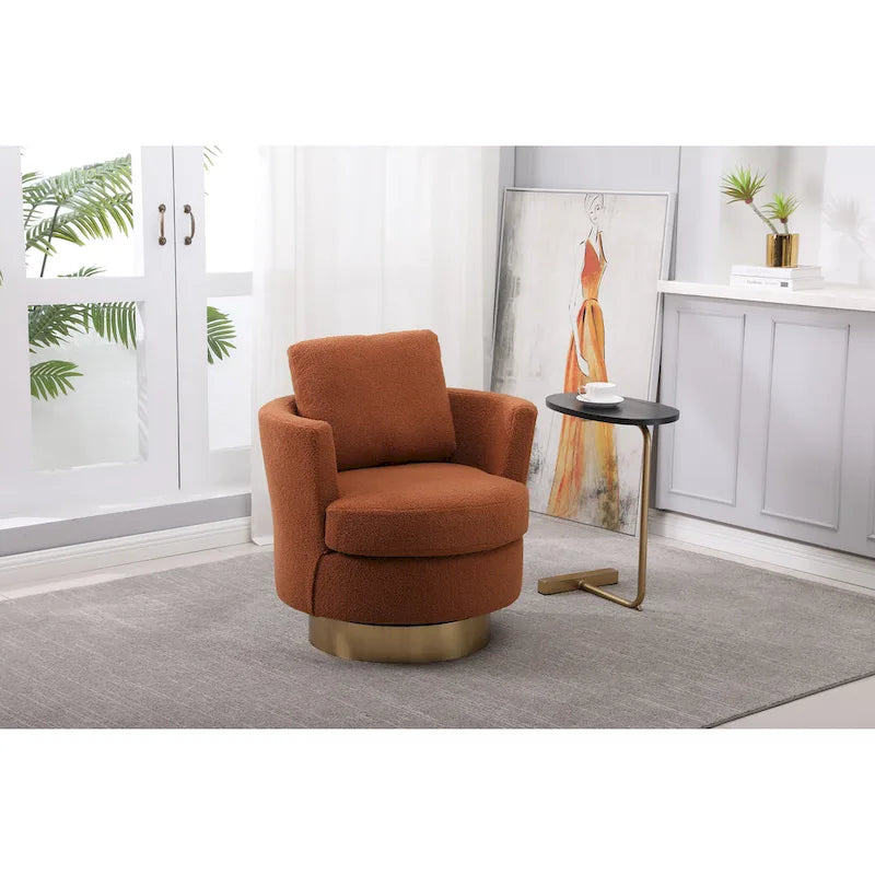 Sillón Giratorio Tapizado Moderno Marrón de 29.6" con Base de Acero Inoxidable Dorado