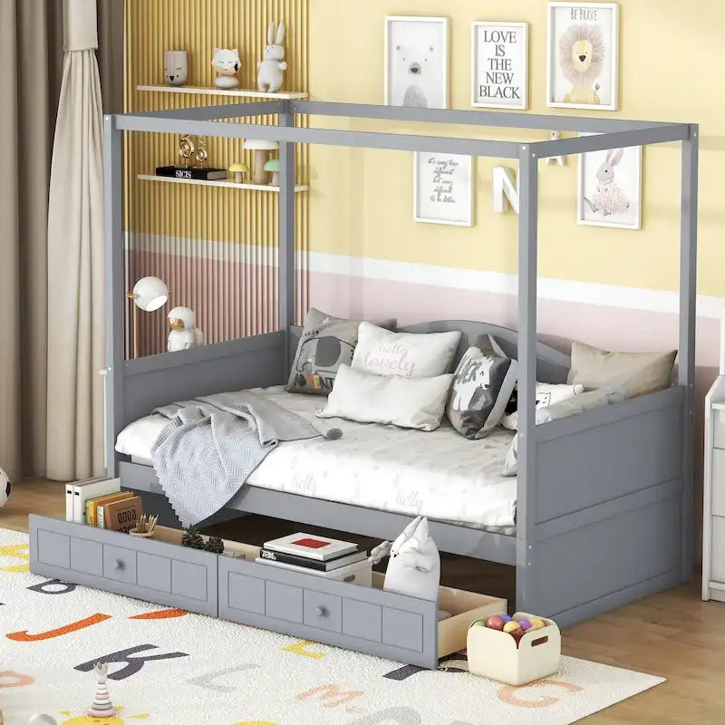 Base de cama de día con dosel, de madera de pino, tamaño individual y con 2 cajones de almacenamiento
