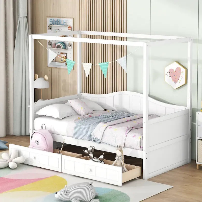 Base de cama de día con dosel, de madera de pino, tamaño individual y con 2 cajones de almacenamiento