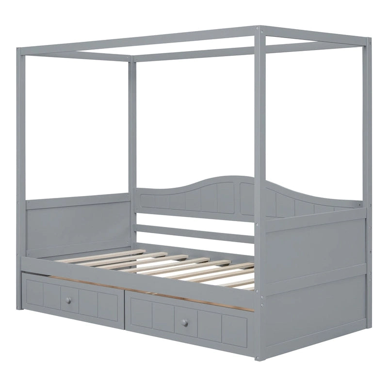 Base de cama de día con dosel, de madera de pino, tamaño individual y con 2 cajones de almacenamiento