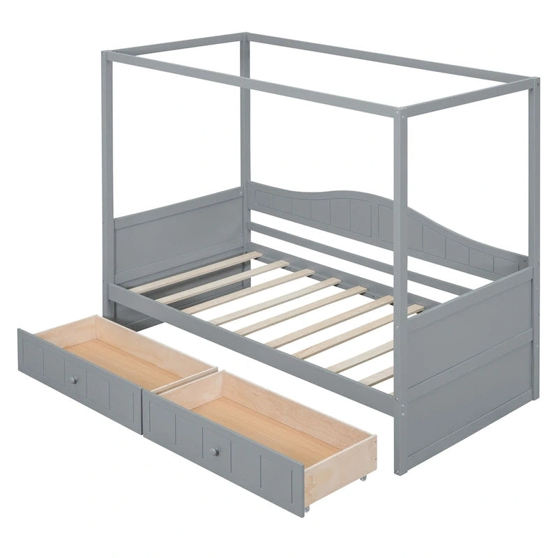 Base de cama de día con dosel, de madera de pino, tamaño individual y con 2 cajones de almacenamiento