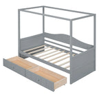 Base de cama de día con dosel, de madera de pino, tamaño individual y con 2 cajones de almacenamiento