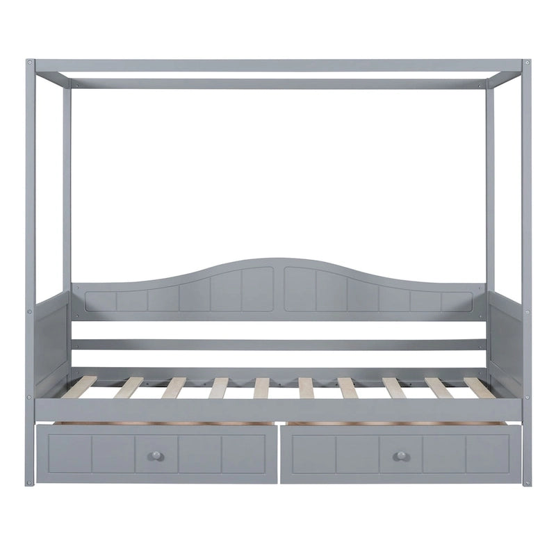 Base de cama de día con dosel, de madera de pino, tamaño individual y con 2 cajones de almacenamiento