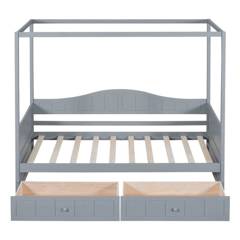 Base de cama de día con dosel, de madera de pino, tamaño individual y con 2 cajones de almacenamiento