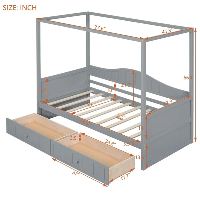 Base de cama de día con dosel, de madera de pino, tamaño individual y con 2 cajones de almacenamiento