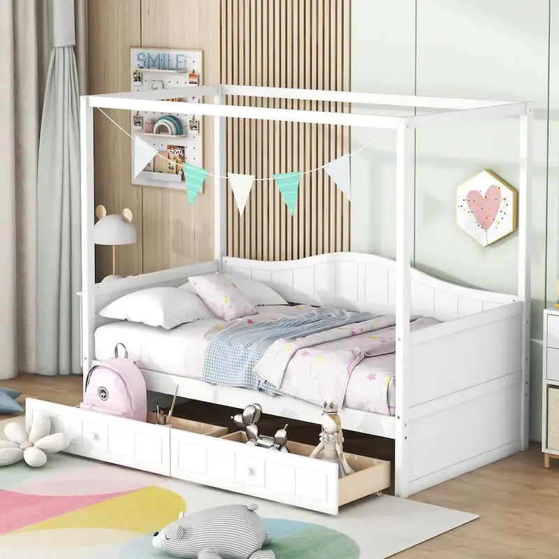 Base de cama de día con dosel, de madera de pino, tamaño individual y con 2 cajones de almacenamiento