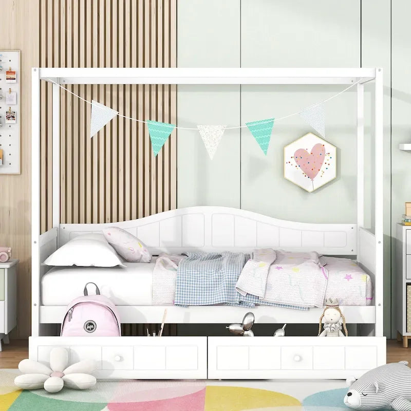 Base de cama de día con dosel, de madera de pino, tamaño individual y con 2 cajones de almacenamiento