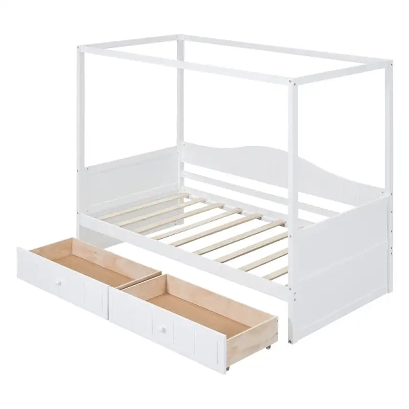 Base de cama de día con dosel, de madera de pino, tamaño individual y con 2 cajones de almacenamiento