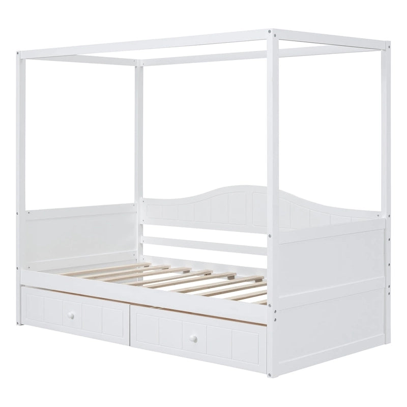 Base de cama de día con dosel, de madera de pino, tamaño individual y con 2 cajones de almacenamiento