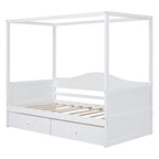 Base de cama de día con dosel, de madera de pino, tamaño individual y con 2 cajones de almacenamiento